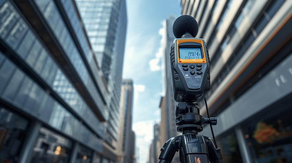 imagen realista de un sonómetro sobre un tripode, midiendo ruido en un entorno de ciudad, con edificios modernos en fondo desenfocado